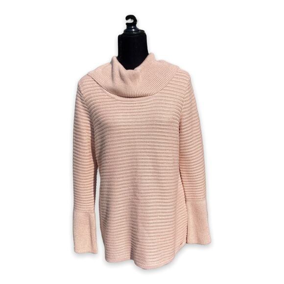Calvin Klein Womens Sweater Size Medium Pink Metallic Gold Cowl Neck Ribbed Knit - Picture 3 of 8